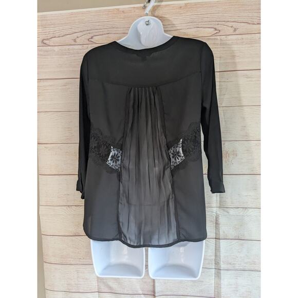 American Eagle Outfitters Black 3/4 Sleeve Blouse Lace Pleated Boho Size Small - Picture 2 of 7